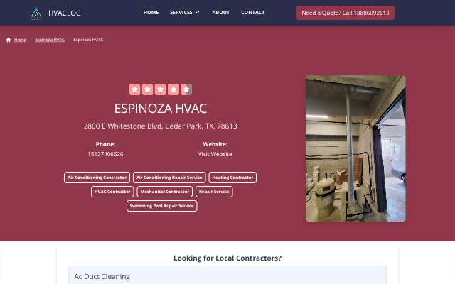 Espinoza HVAC's page as the assistant saw it