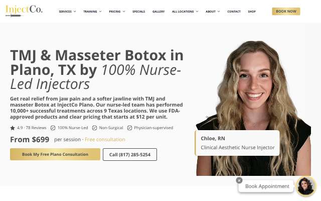 InjectCo MedSpa Plano's page as the assistant saw it