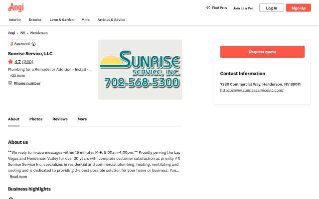 Sunrise Service, LLC's page as the assistant saw it