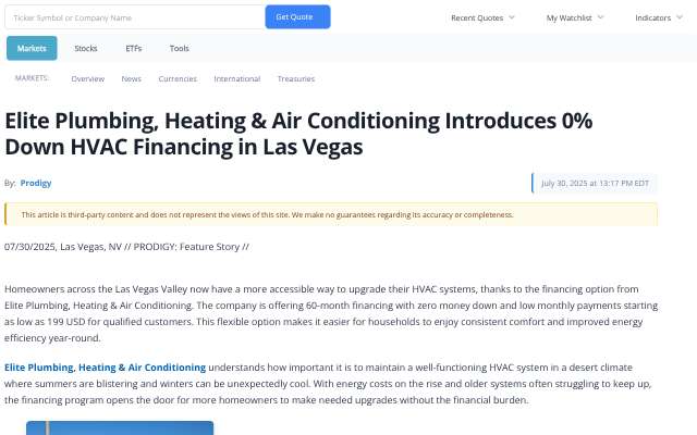 Elite Plumbing, Heating & Air Conditioning's page as the assistant saw it