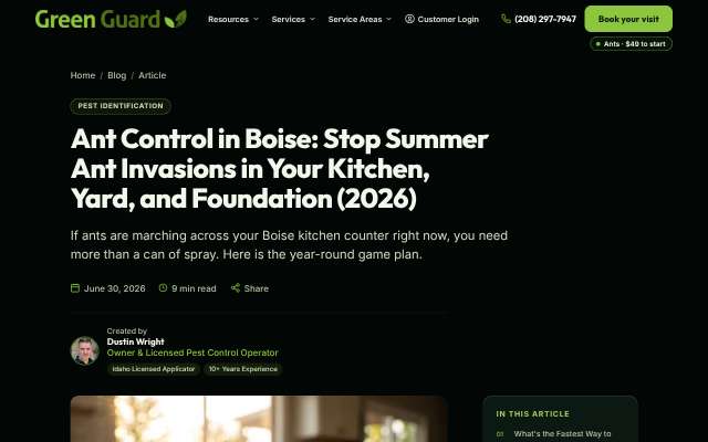 Green Guard Pest Control's page as the assistant saw it