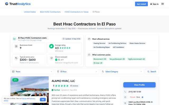 ALAMO HVAC, LLC's page as the assistant saw it