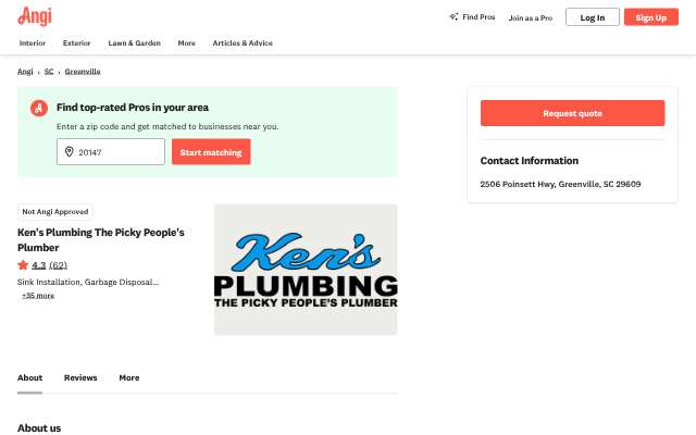 Ken's Plumbing, The Picky People's Plumber's page as the assistant saw it