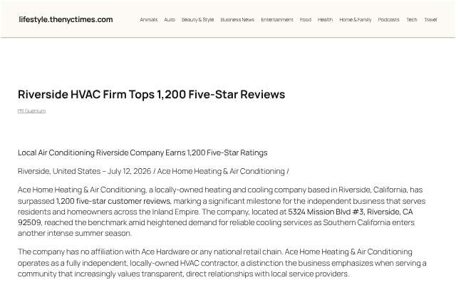 Ace Home Heating & Air Conditioning's page as the assistant saw it