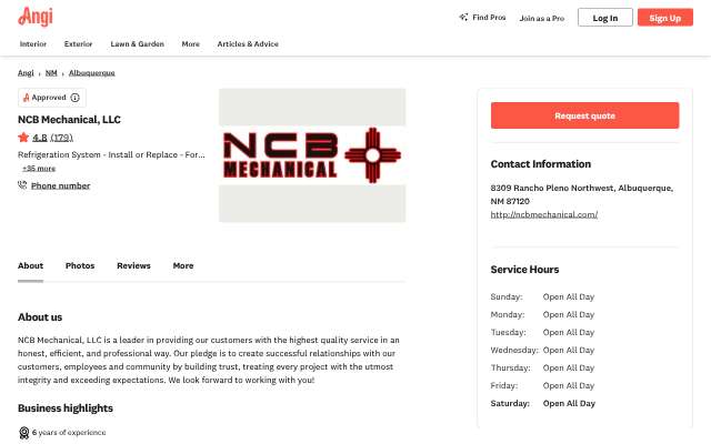 NCB Mechanical's page as the assistant saw it