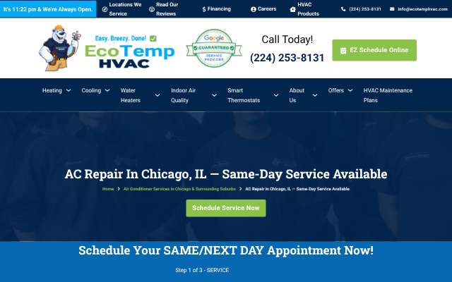 Eco Temp HVAC's page as the assistant saw it