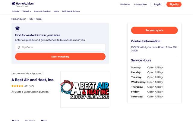 A Best Air and Heat, Inc.'s page as the assistant saw it