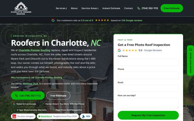 Charlotte Premier Roofing's page as the assistant saw it