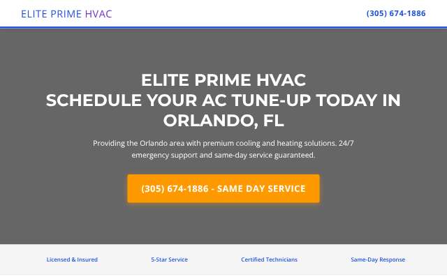 Elite Prime HVAC's page as the assistant saw it