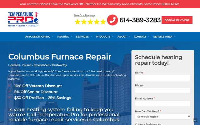 TemperaturePro Columbus's page as the assistant saw it