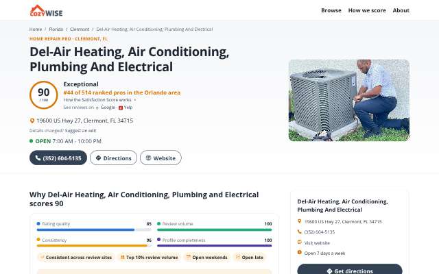 Del-Air Heating, Air Conditioning, Plumbing and Electrical's page as the assistant saw it
