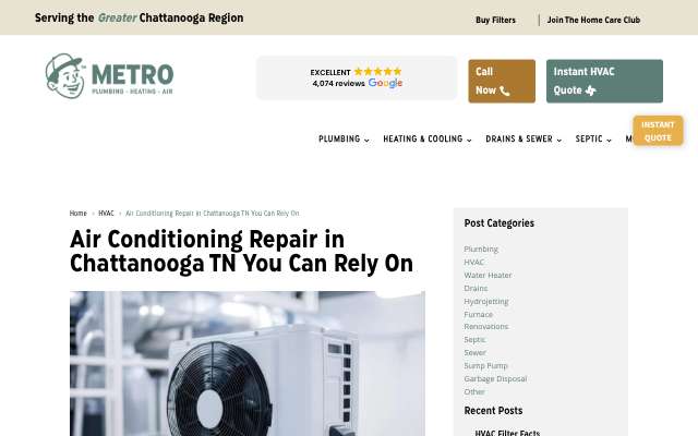 Metro Plumbing, Heating and Air's page as the assistant saw it