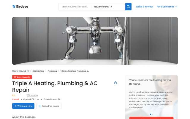 Triple A Heating, Plumbing & AC Repair's page as the assistant saw it