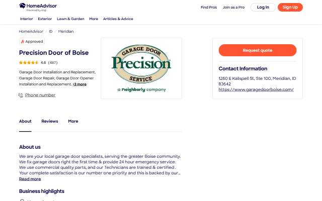 Precision Door of Boise's page as the assistant saw it