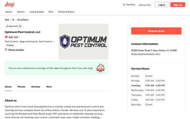 Optimum Pest Control, LLC's page as the assistant saw it