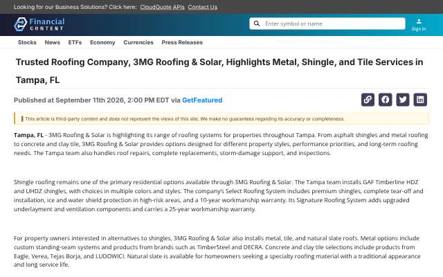 3MG Roofing & Solar's page as the assistant saw it
