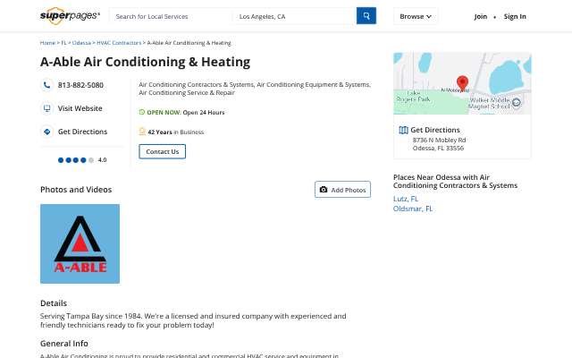 A-Able Air Conditioning & Heating's page as the assistant saw it