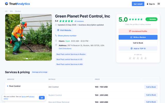 Green Planet Pest Control, Inc's page as the assistant saw it
