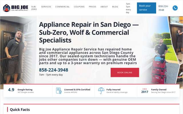 Big Joe Appliance Repair Service Del Mar's page as the assistant saw it