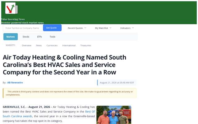 Air Today Heating & Cooling's page as the assistant saw it