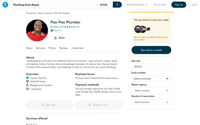 Poo-Poo Plumber's page as the assistant saw it