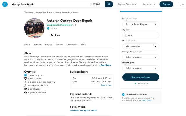 Page cited for Veteran Garage Door Repair (Pearland, TX)