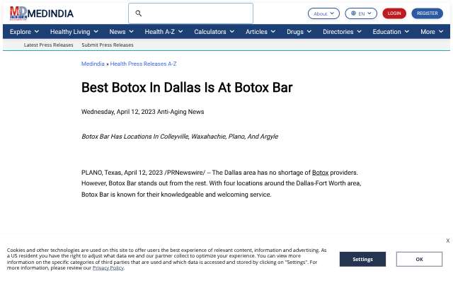 Botox Bar (Plano)'s page as the assistant saw it