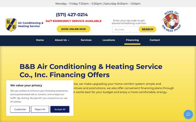 B&B Air Conditioning & Heating Service's page as the assistant saw it