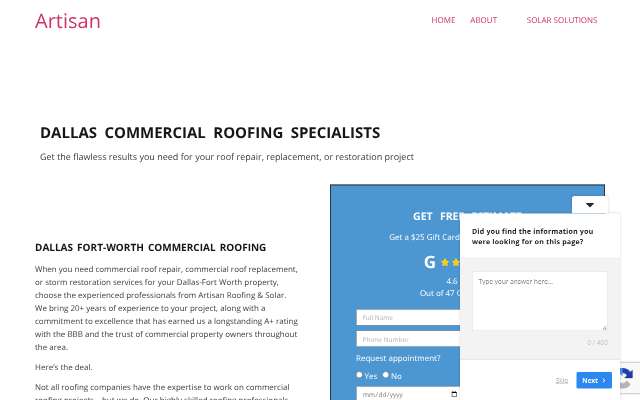 Artisan Roofing & Solar's page as the assistant saw it