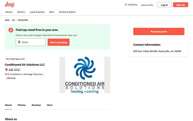 Conditioned Air Solutions's page as the assistant saw it