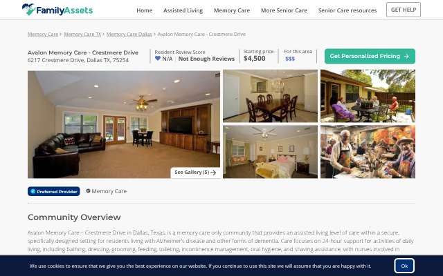 Avalon Memory Care Crestmere Drive's page as the assistant saw it