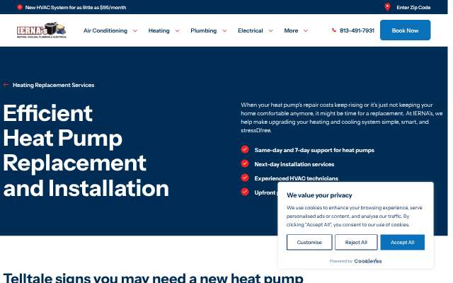IERNA's Heating & Cooling's page as the assistant saw it