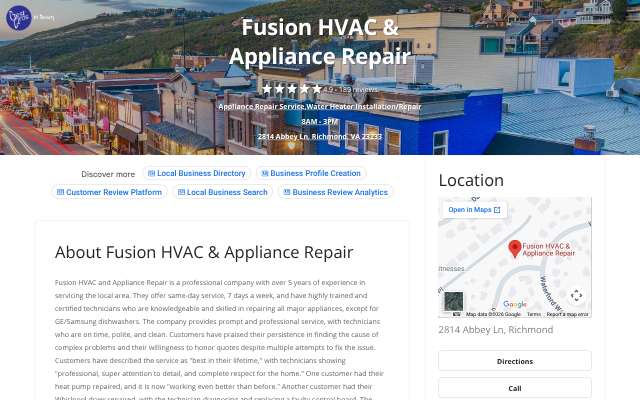 Fusion HVAC & Appliance Repair's page as the assistant saw it