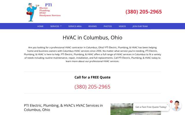 PTI Electric, Plumbing, & HVAC's page as the assistant saw it