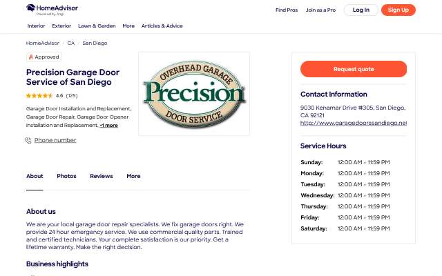 Page cited for Precision Garage Door Service of San Diego