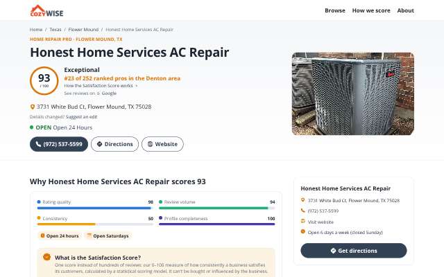 Honest Home Services's page as the assistant saw it