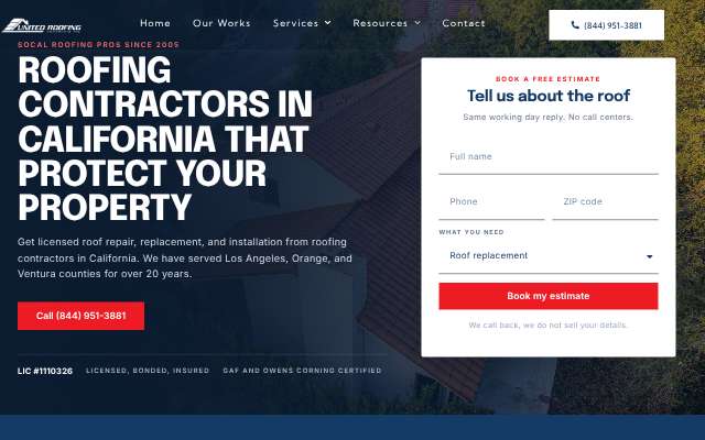 Page cited for United Roofing California SB