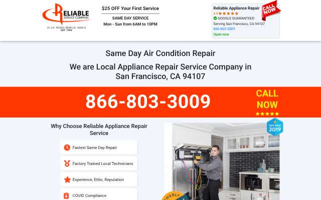 Reliable Air Conditioning's page as the assistant saw it