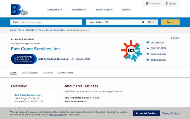 East Coast Services, Inc.'s page as the assistant saw it