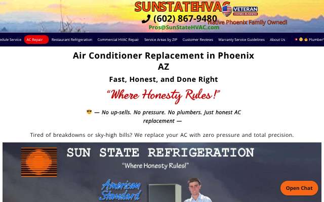 Sun State HVAC's page as the assistant saw it