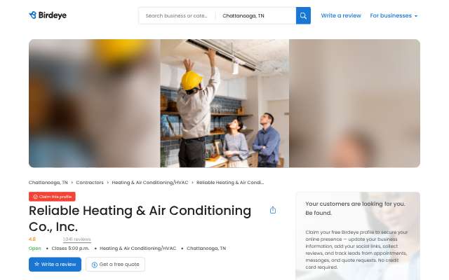 Reliable Heating & Air Conditioning Co., Inc.'s page as the assistant saw it