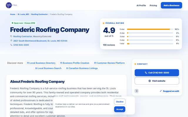Frederic Roofing Company's page as the assistant saw it