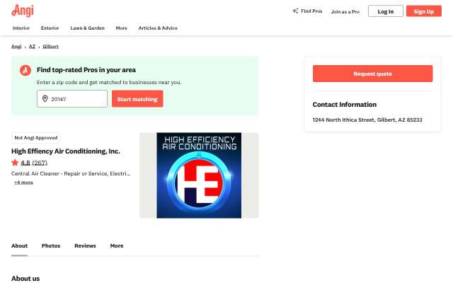 High Effiency Air Conditioning, Inc.'s page as the assistant saw it