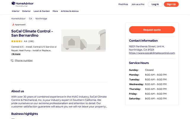 SoCal Climate Control & Mechanical's page as the assistant saw it