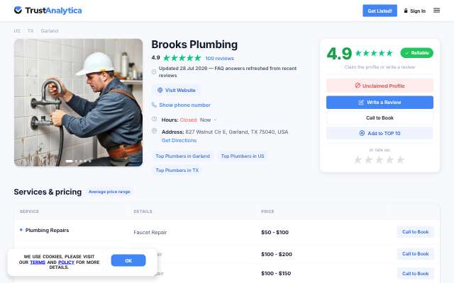Brooks Plumbing's page as the assistant saw it