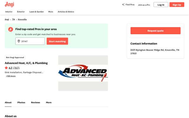 Advanced Heat, A/C, & Plumbing's page as the assistant saw it