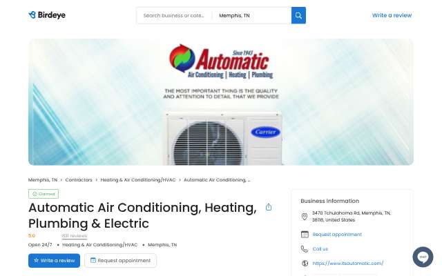 Automatic Air Conditioning, Heating, Plumbing & Electric's page as the assistant saw it