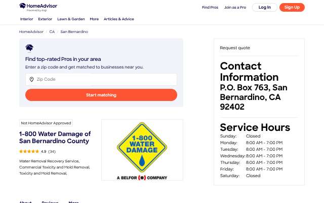 1-800 Water Damage of San Bernardino County's page as the assistant saw it