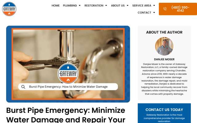 Gateway Plumbing and Restoration's page as the assistant saw it