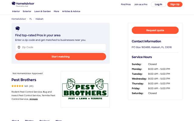 Pest Brothers's page as the assistant saw it